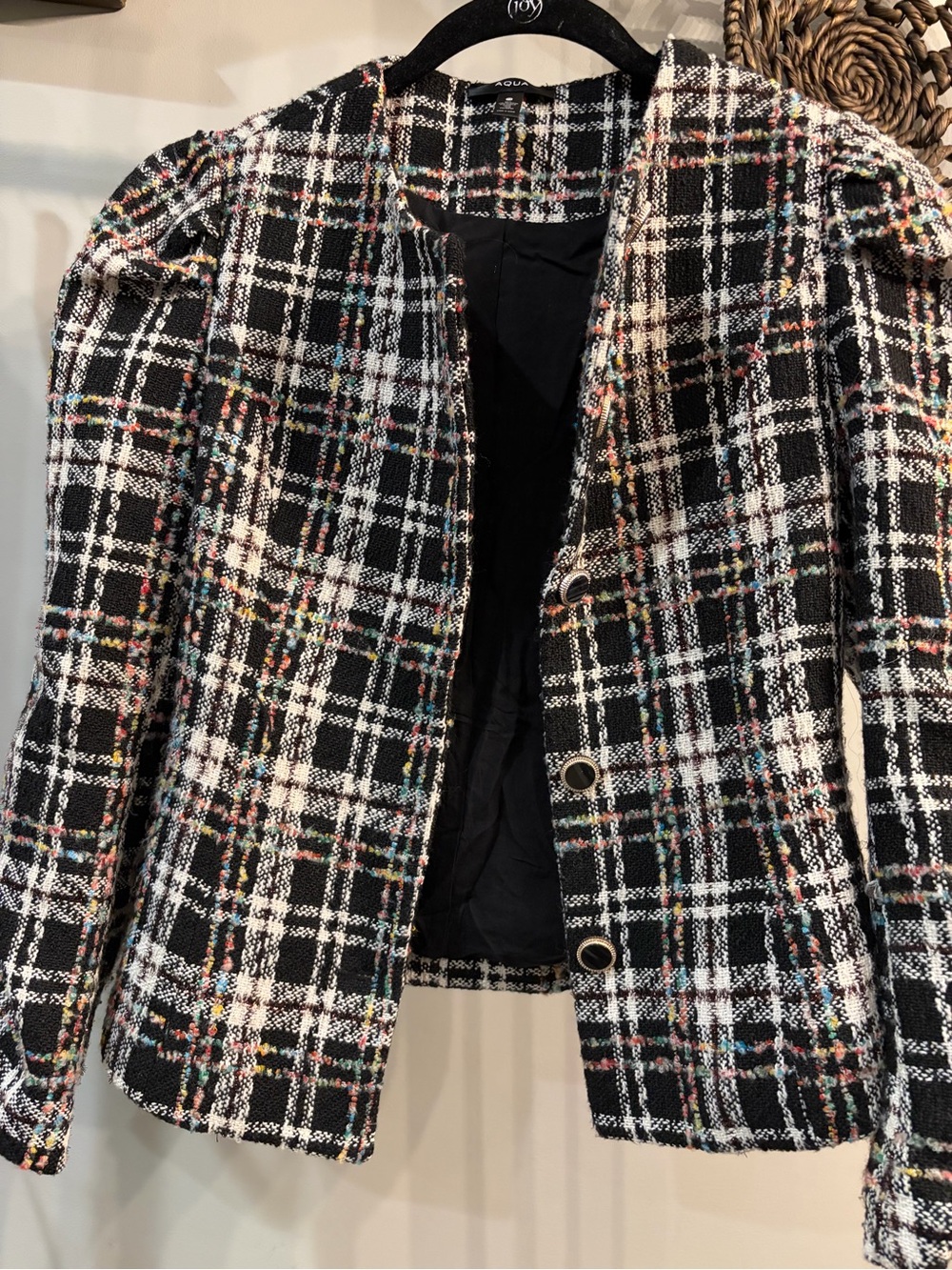 Aqua Black and White Plaid Tweed Jacket with Multicolor Thread size medium